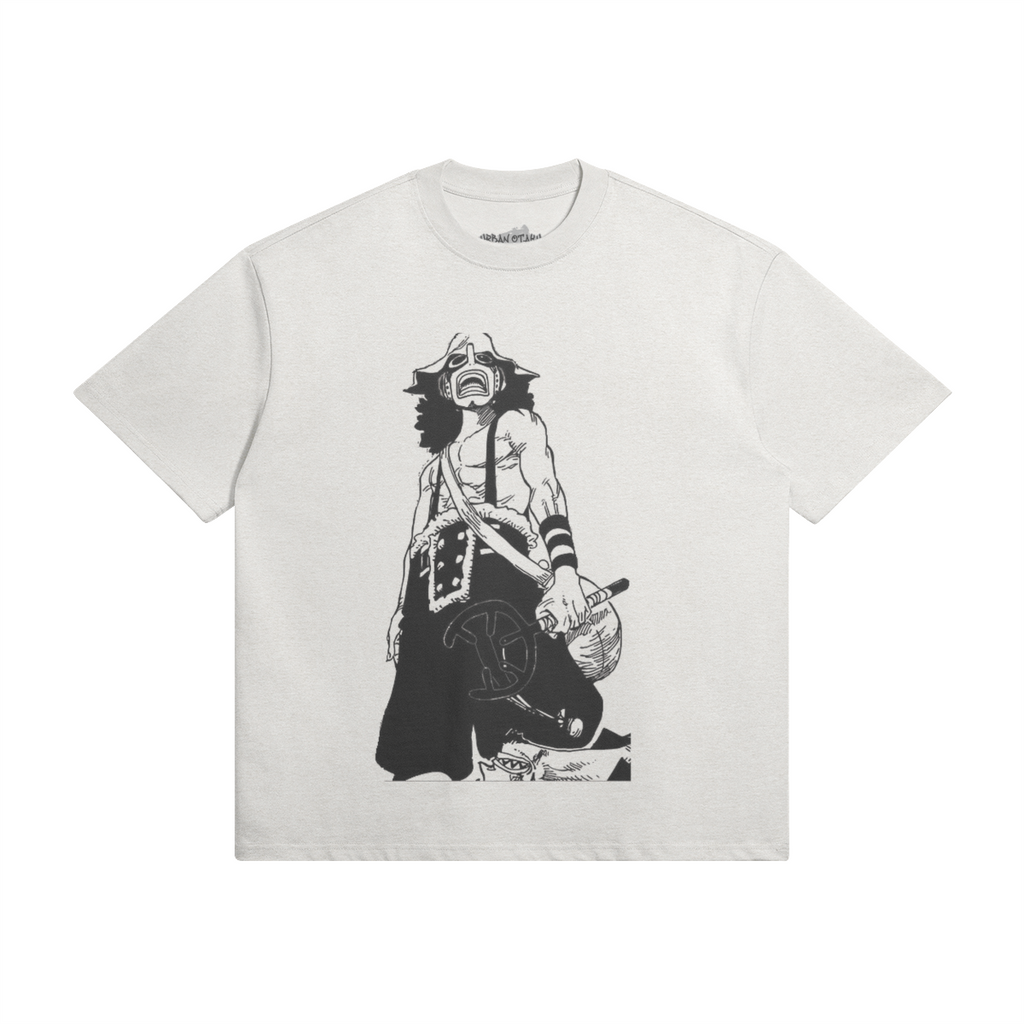 PODpartner Lysop Shirt in a casual fit, featuring a vibrant pattern and soft fabric, displayed on a wooden background.