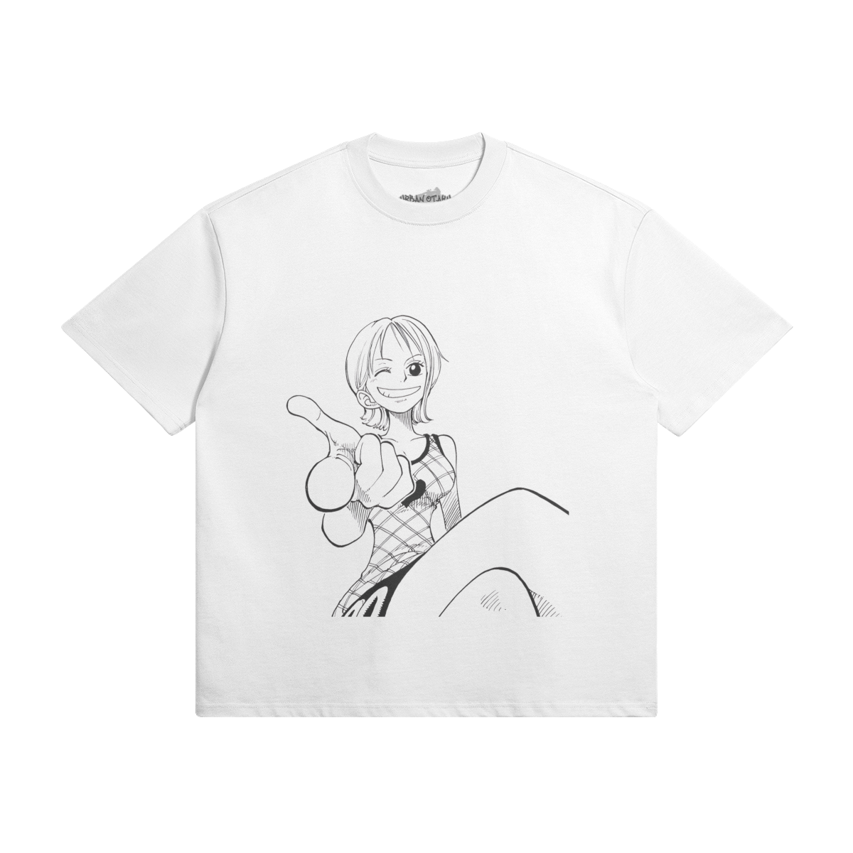 Lightweight Nami Shirt by PODpartner featuring a vibrant design and relaxed fit, displayed on a wooden background.