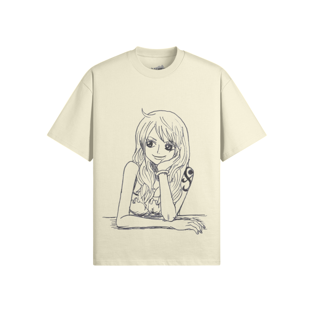 Nami Shirt by PODpartner featuring a colorful design and relaxed fit displayed on a wooden hanger.