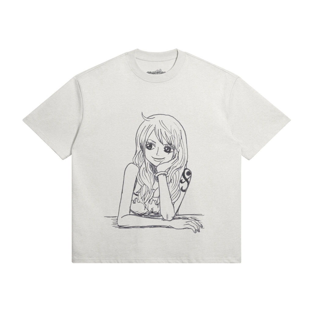 Nami Shirt by PODpartner featuring a vibrant design and relaxed fit, displayed on a wooden background.