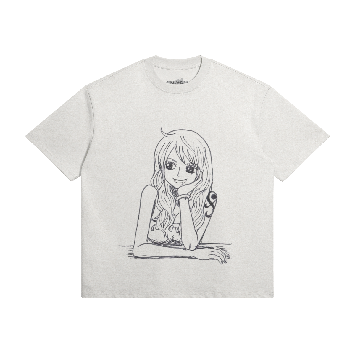 Nami Shirt by PODpartner featuring a vibrant design and relaxed fit, displayed on a wooden background.