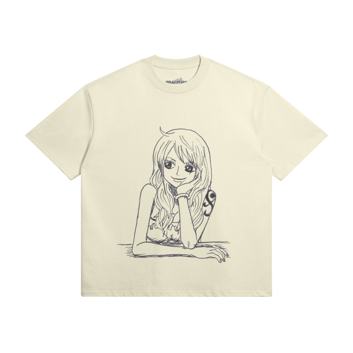 PODpartner Nami Shirt featuring a vibrant design and relaxed fit, displayed on a wooden background.