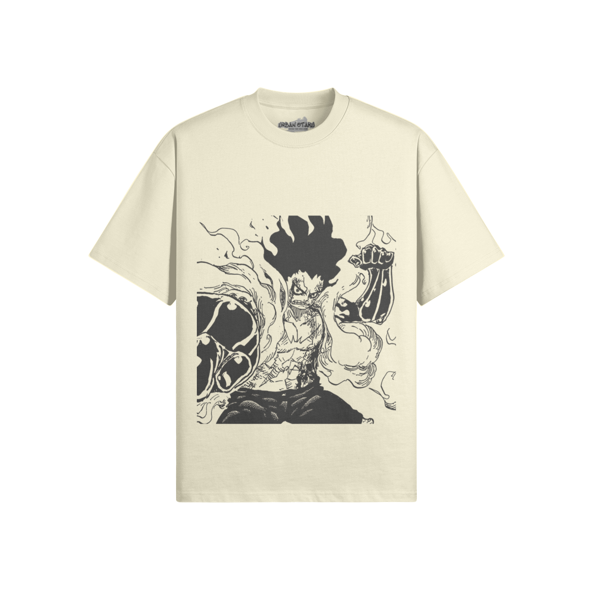 Hemd von Monkey D. Ruffy, PODpartner, mit rotem Stoff und Druck, liegt flach auf weißem Hintergrund.