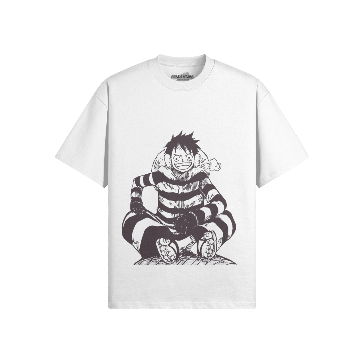 Hemd für Monkey D. Ruffy von PODpartner, blaues Shirt mit Druck, liegt flach auf weißem Hintergrund sichtbar