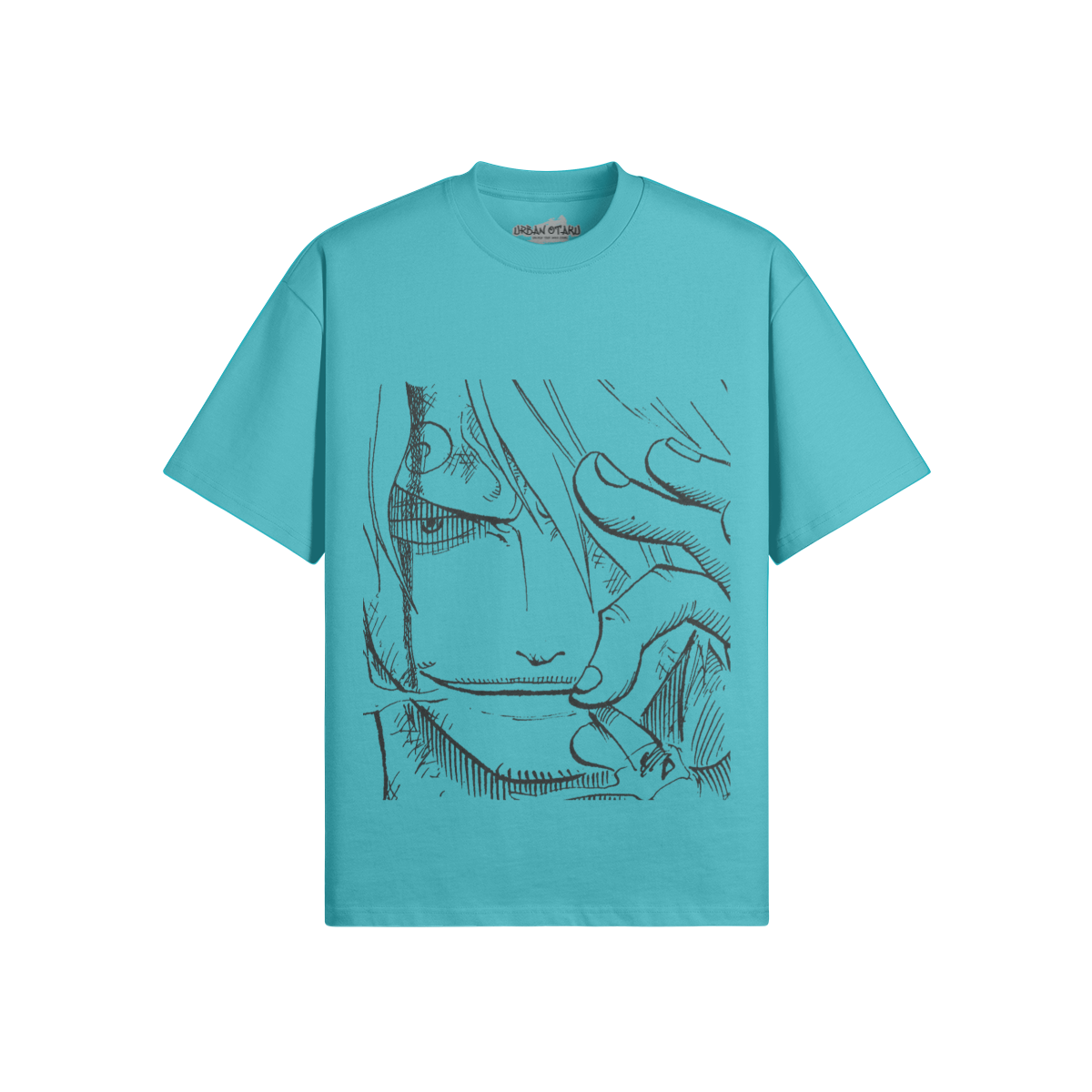 Vinsmoke Sanji Graphic Shirt von PODpartner, Nahaufnahme des schwarzen T-Shirts mit Sanji-Print auf der Vorderseite